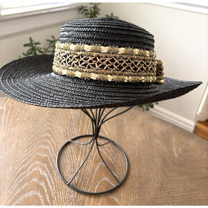 VTG Miriam Lefcourt Italian Straw Hat Ornate Metallic Copper Macrame Band
